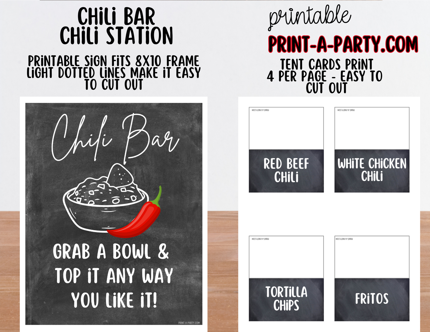CHILI BAR | Printable Sign and Toppings Tent Cards – Perfect for Fall Winter Parties Showers Game Day