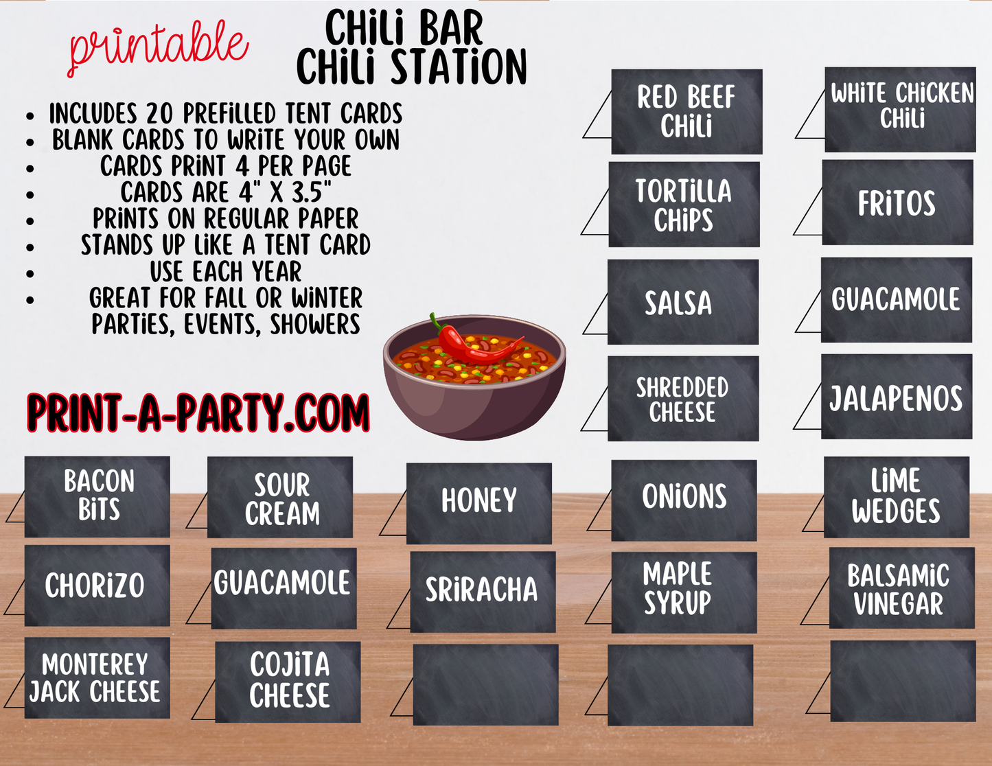 CHILI BAR | Printable Sign and Toppings Tent Cards – Perfect for Fall Winter Parties Showers Game Day