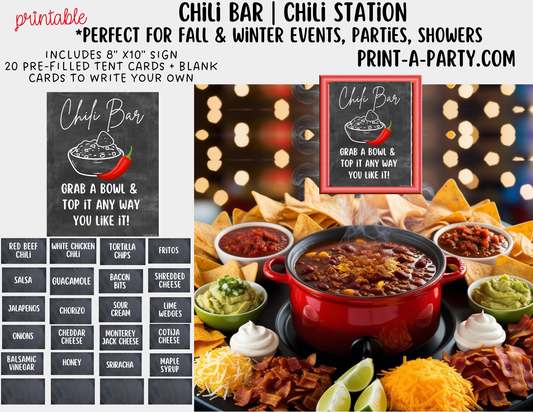 CHILI BAR | CHILI STATION Setup - Chalkboard | Printable Chili Bar Food Station – Perfect for Fall, Parties, Showers, Holidays and Game Day!
