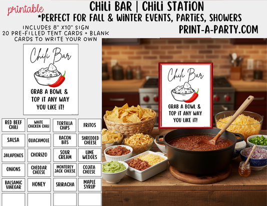 CHILI BAR | Printable Sign and Toppings Tent Cards – Perfect for Fall Winter Parties Showers Game Day