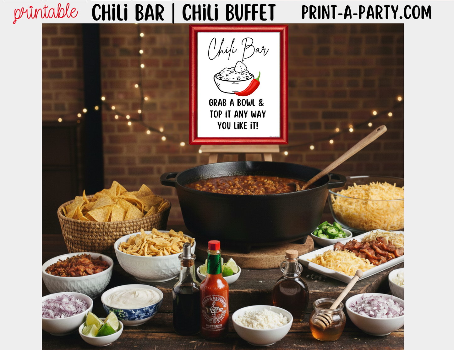 CHILI BAR | Printable Sign and Toppings Tent Cards – Perfect for Fall Winter Parties Showers Game Day