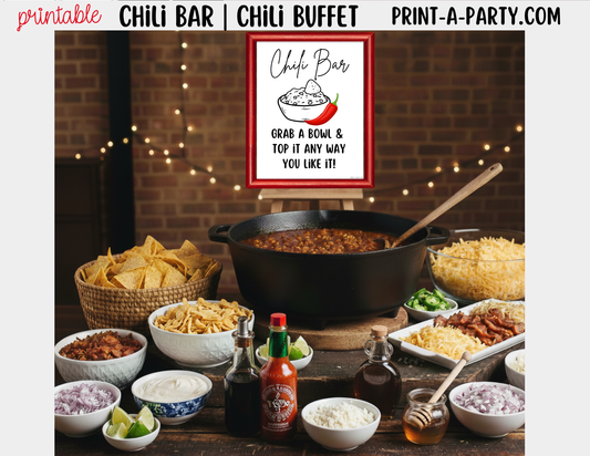 CHILI BAR | Printable Sign and Toppings Tent Cards – Perfect for Fall Winter Parties Showers Game Day
