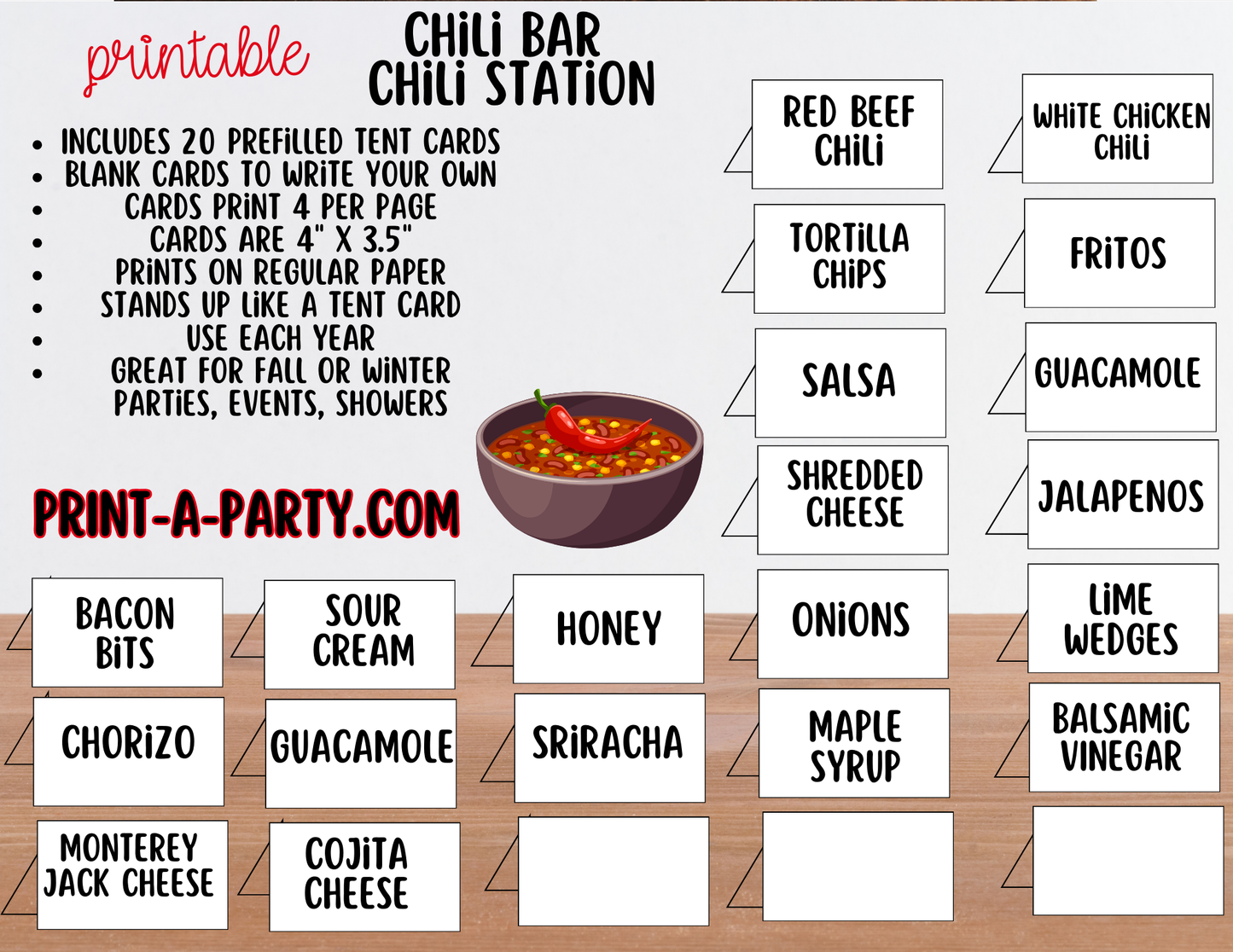CHILI BAR | Printable Sign and Toppings Tent Cards – Perfect for Fall Winter Parties Showers Game Day