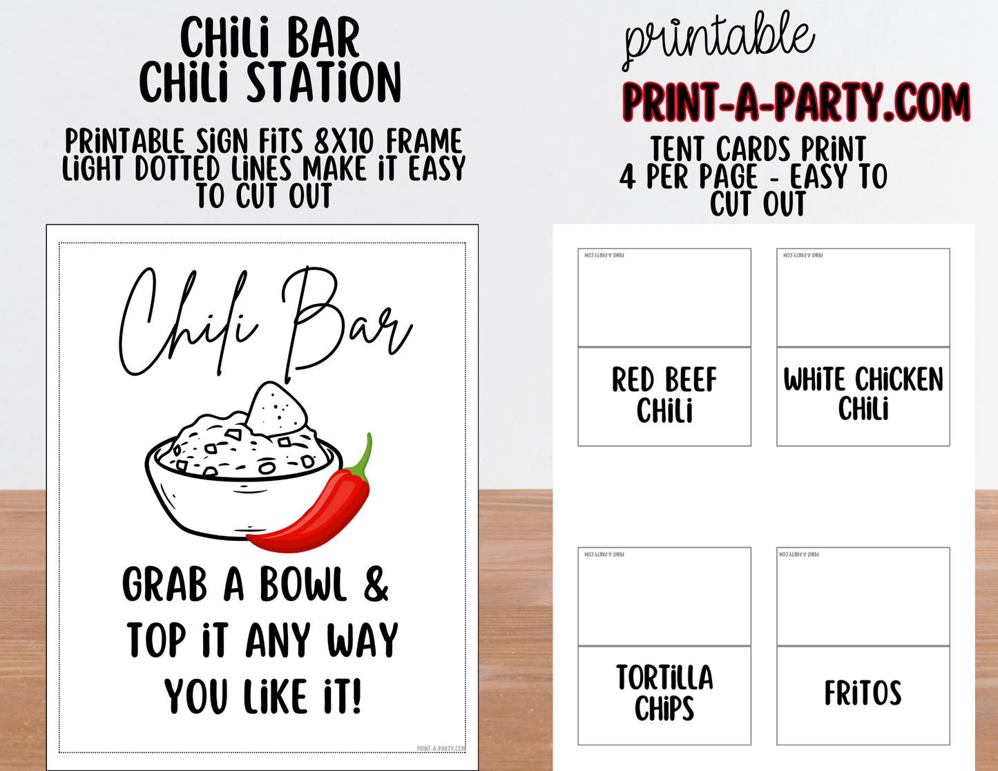 CHILI BAR | Printable Sign and Toppings Tent Cards – Perfect for Fall Winter Parties Showers Game Day
