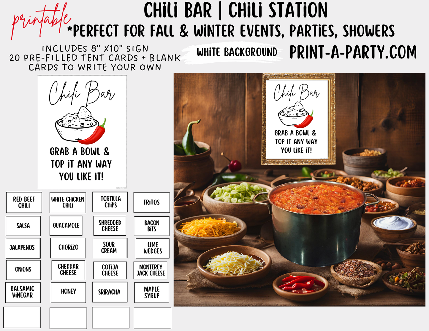 CHILI BAR | CHILI STATION Setup - White | Chili Bar Sign | Food Station | Food Bar | Party Idea | DIY Chili Bar