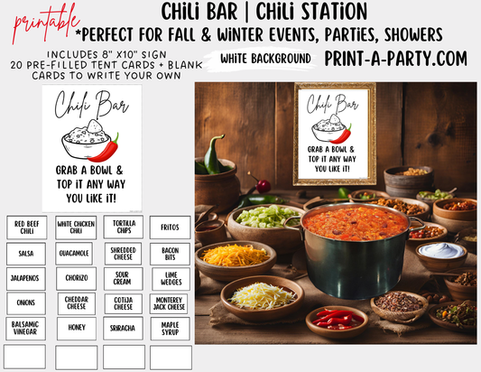 CHILI BAR | CHILI STATION Setup - White | Chili Bar Sign | Food Station | Food Bar | Party Idea | DIY Chili Bar