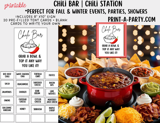 CHILI BAR | CHILI STATION Setup - White | Printable Chili Bar Food Station – Perfect for Fall, Parties, Showers, Holidays and Game Day!