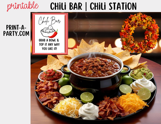 CHILI BAR | CHILI STATION Setup - White | Printable Chili Bar Food Station – Perfect for Fall, Parties, Showers, Holidays and Game Day!