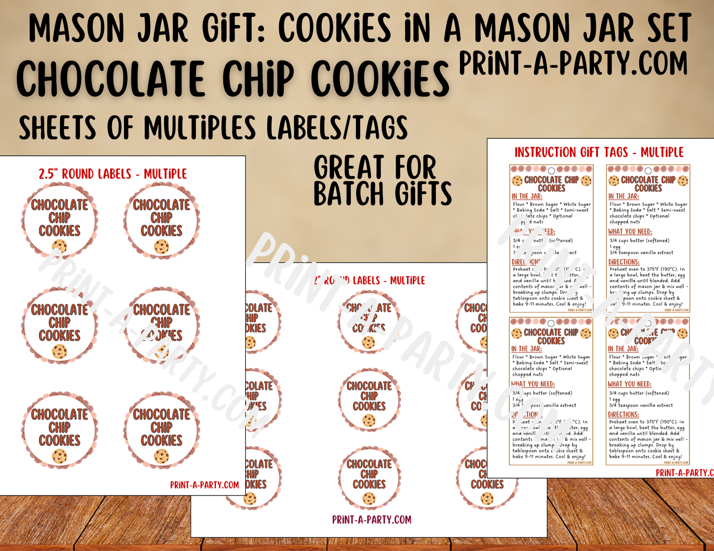 MASON JAR GIFT: Chocolate Chip Cookies in a Mason Jar Gift Kit - Printable Mason Jar Labels & Tag, Recipe Instructions