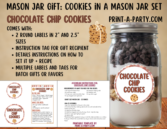MASON JAR GIFT: Chocolate Chip Cookies in a Mason Jar Gift Kit - Printable Mason Jar Labels & Tag, Recipe Instructions