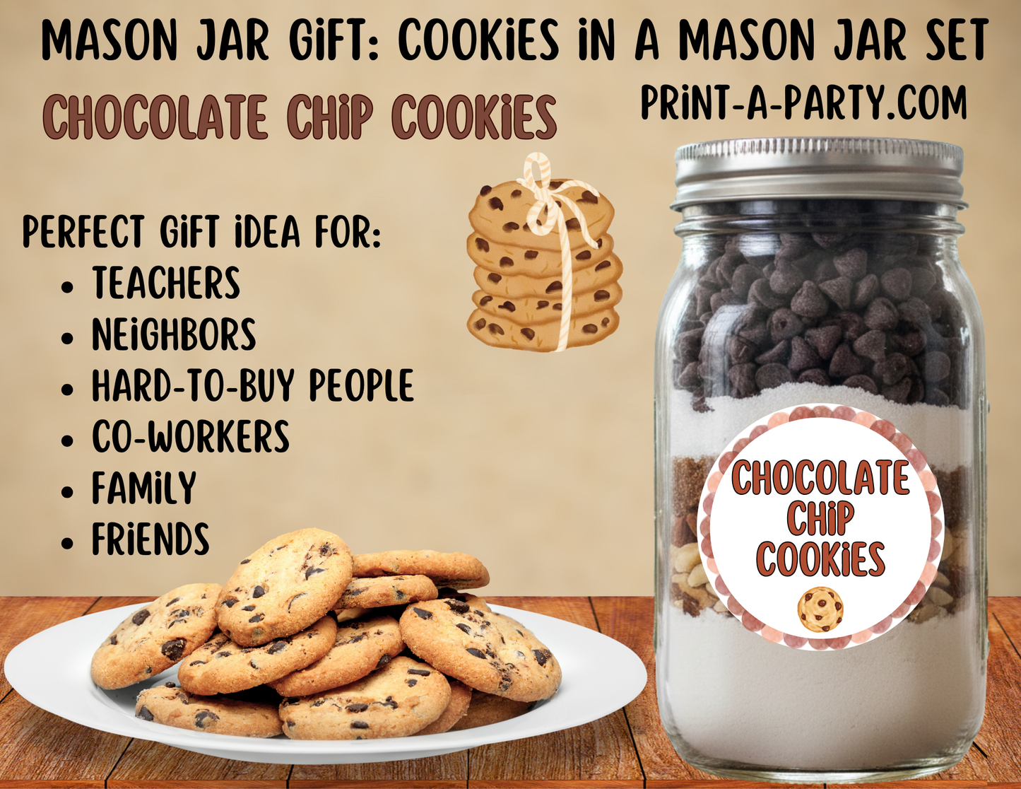 MASON JAR GIFT: Chocolate Chip Cookies in a Mason Jar Gift Kit - Printable Mason Jar Labels & Tag, Recipe Instructions