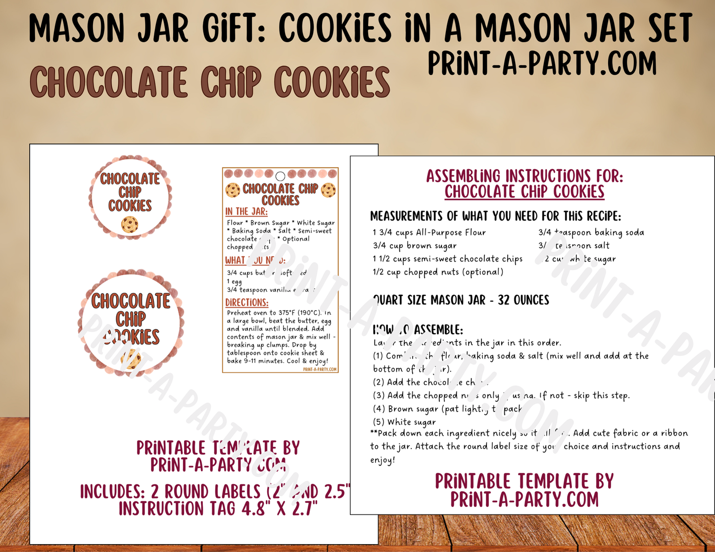 MASON JAR GIFT: Chocolate Chip Cookies in a Mason Jar Gift Kit - Printable Mason Jar Labels & Tag, Recipe Instructions