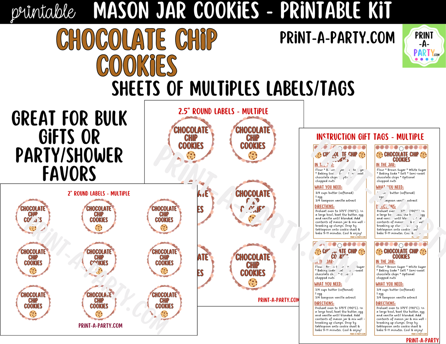 Chocolate Chip Cookies in a Mason Jar Gift Printable Kit - Labels, Tags, Recipe & Instructions
