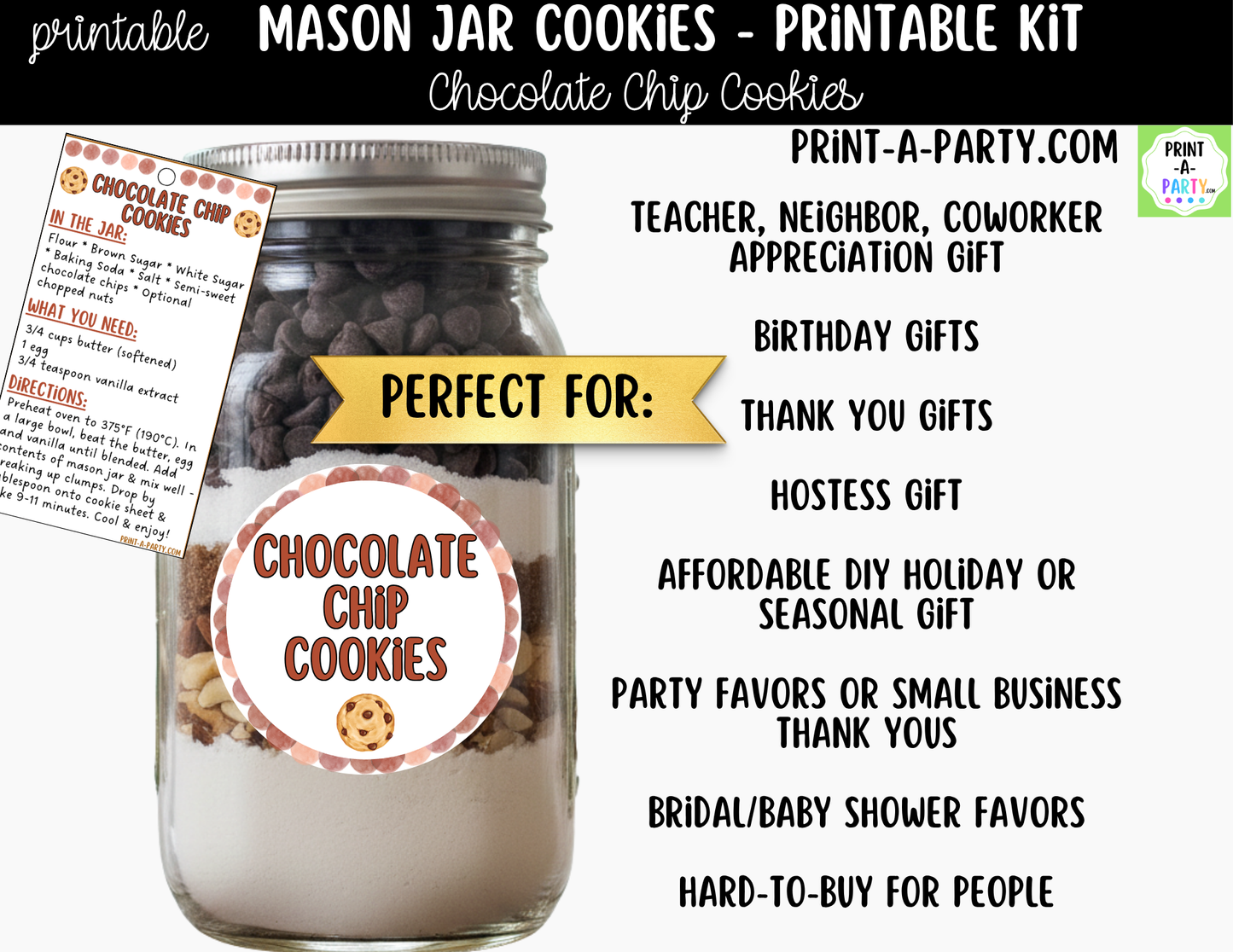 Chocolate Chip Cookies in a Mason Jar Gift Printable Kit - Labels, Tags, Recipe & Instructions