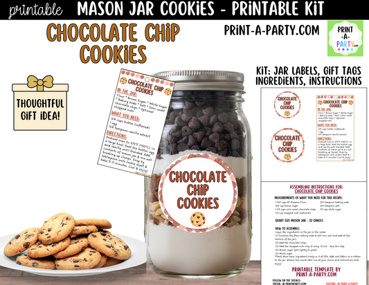 Chocolate Chip Cookies in a Mason Jar Gift Printable Kit - Labels, Tags, Recipe & Instructions