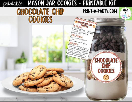 Chocolate Chip Cookies in a Mason Jar Gift Printable Kit - Labels, Tags, Recipe & Instructions