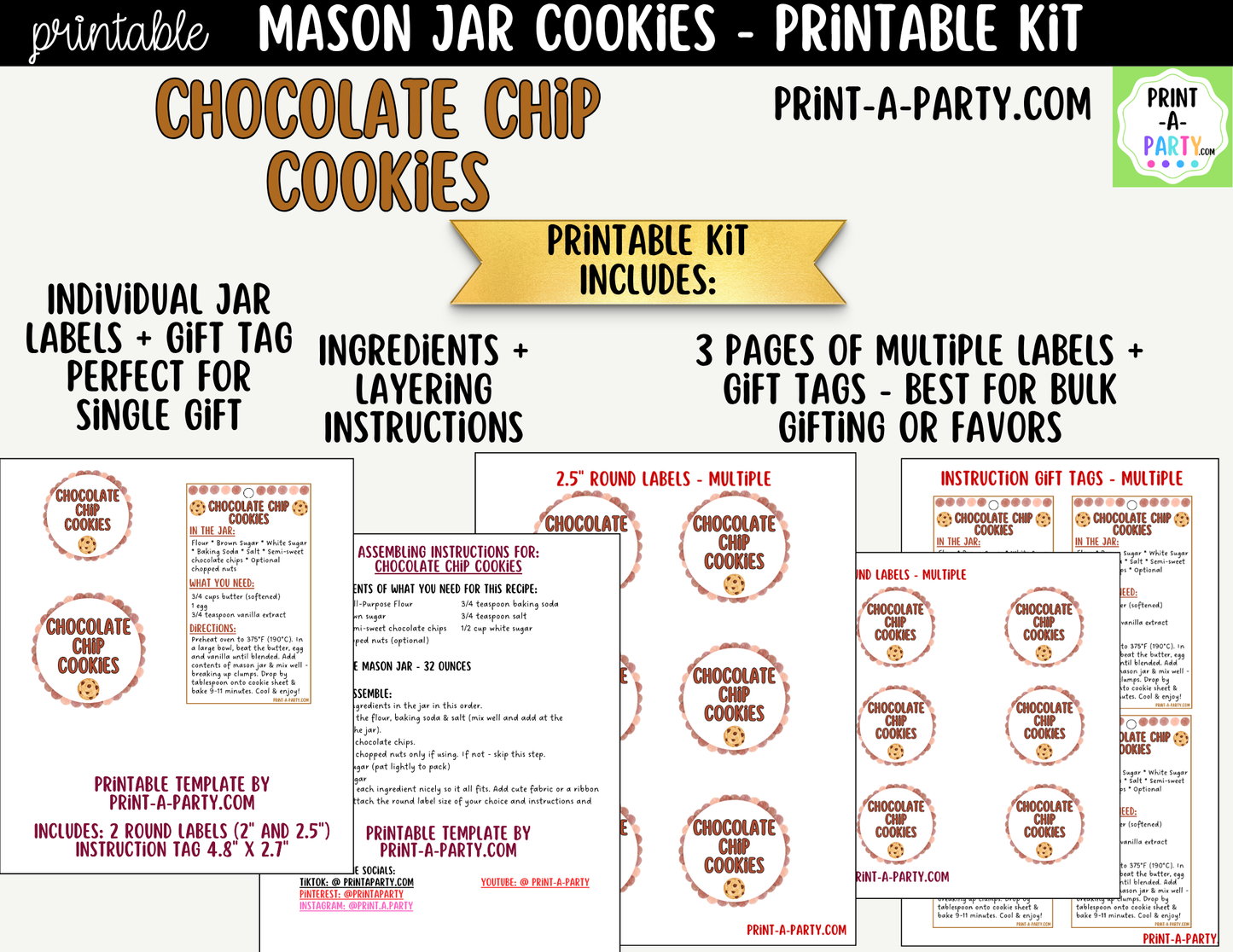Chocolate Chip Cookies in a Mason Jar Gift Printable Kit - Labels, Tags, Recipe & Instructions
