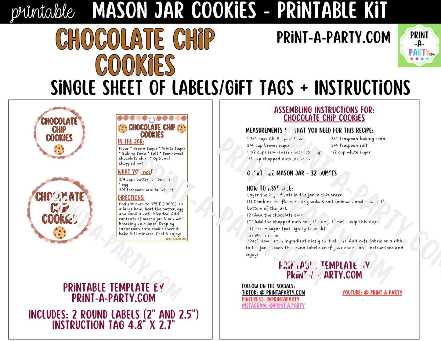 Chocolate Chip Cookies in a Mason Jar Gift Printable Kit - Labels, Tags, Recipe & Instructions