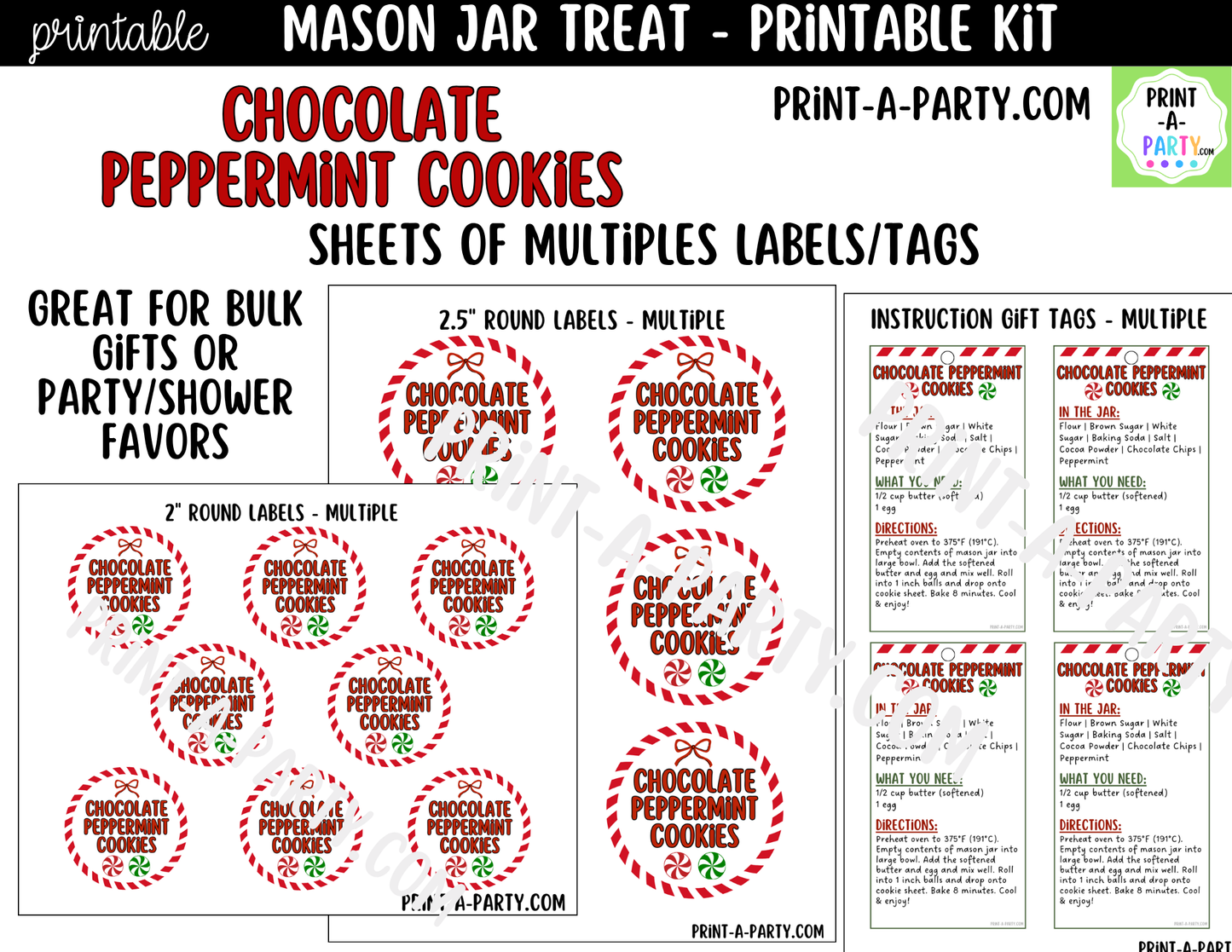 Chocolate Peppermint Cookies in a Mason Jar Gift Printable Kit - Labels, Tag, Recipe & Instructions