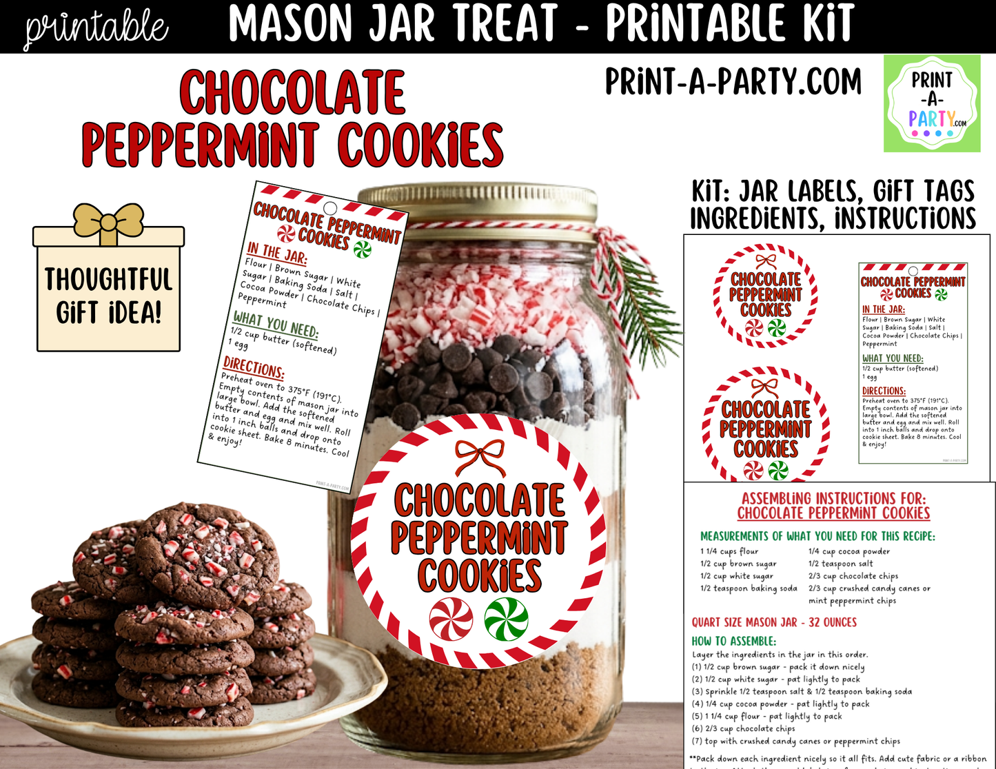 Chocolate Peppermint Cookies in a Mason Jar Gift Printable Kit - Labels, Tag, Recipe & Instructions