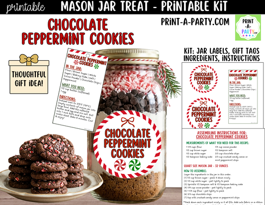 Chocolate Peppermint Cookies in a Mason Jar Gift Printable Kit - Labels, Tag, Recipe & Instructions