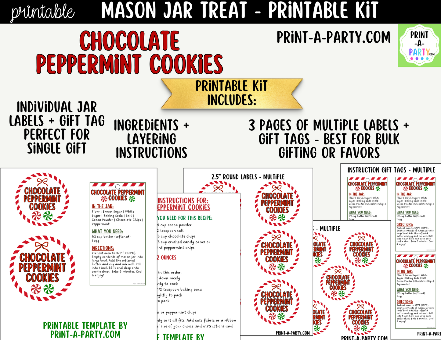 Chocolate Peppermint Cookies in a Mason Jar Gift Printable Kit - Labels, Tag, Recipe & Instructions