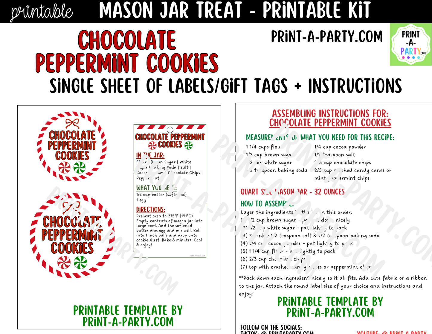 Chocolate Peppermint Cookies in a Mason Jar Gift Printable Kit - Labels, Tag, Recipe & Instructions