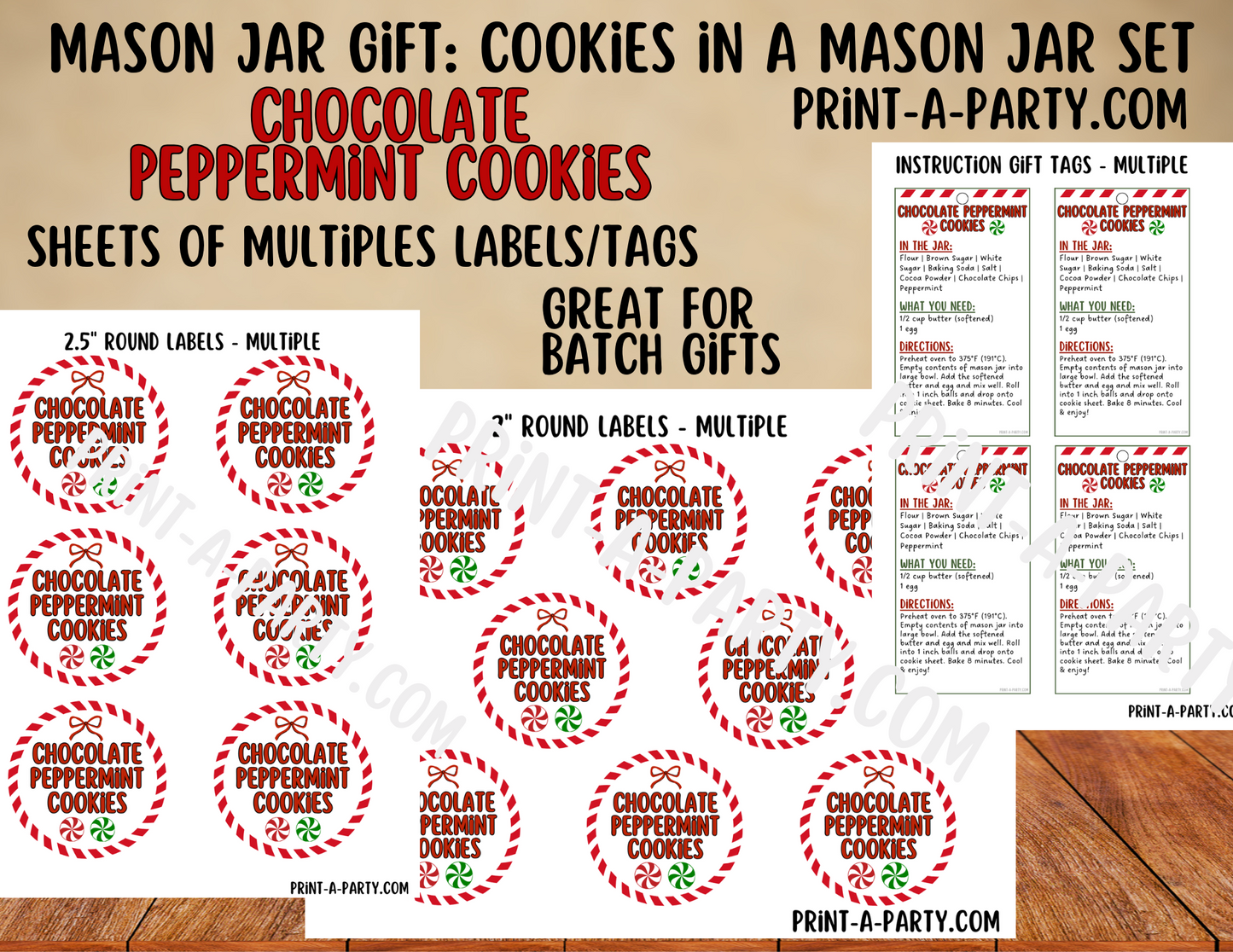 MASON JAR GIFT: Chocolate Peppermint Cookies in a Mason Jar - Printable Kit – DIY Holiday Gift for Teachers, Friends, Neighbors & More