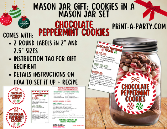 MASON JAR GIFT: Chocolate Peppermint Cookies in a Mason Jar - Printable Kit – DIY Holiday Gift for Teachers, Friends, Neighbors & More