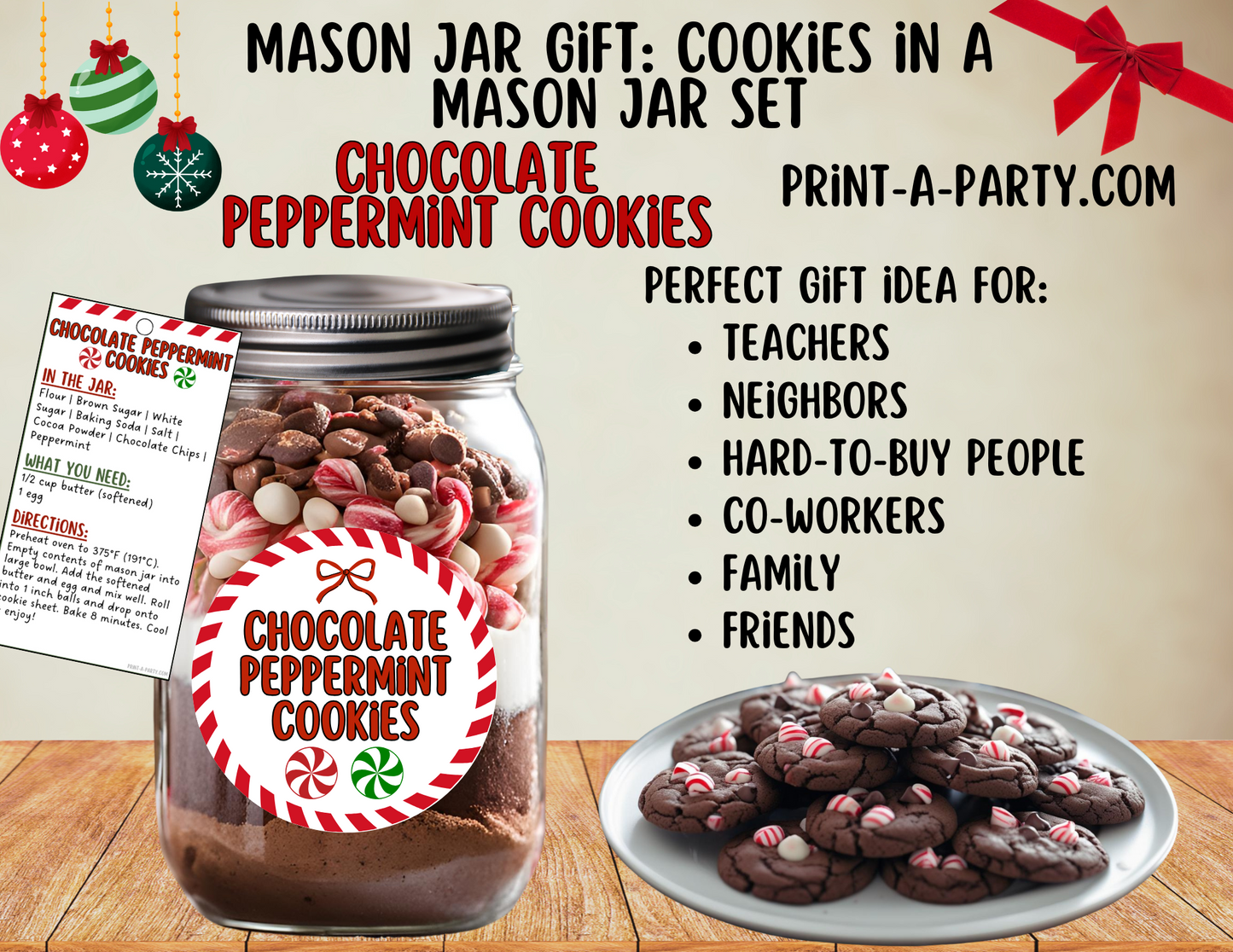 MASON JAR GIFT: Chocolate Peppermint Cookies in a Mason Jar - Printable Kit – DIY Holiday Gift for Teachers, Friends, Neighbors & More