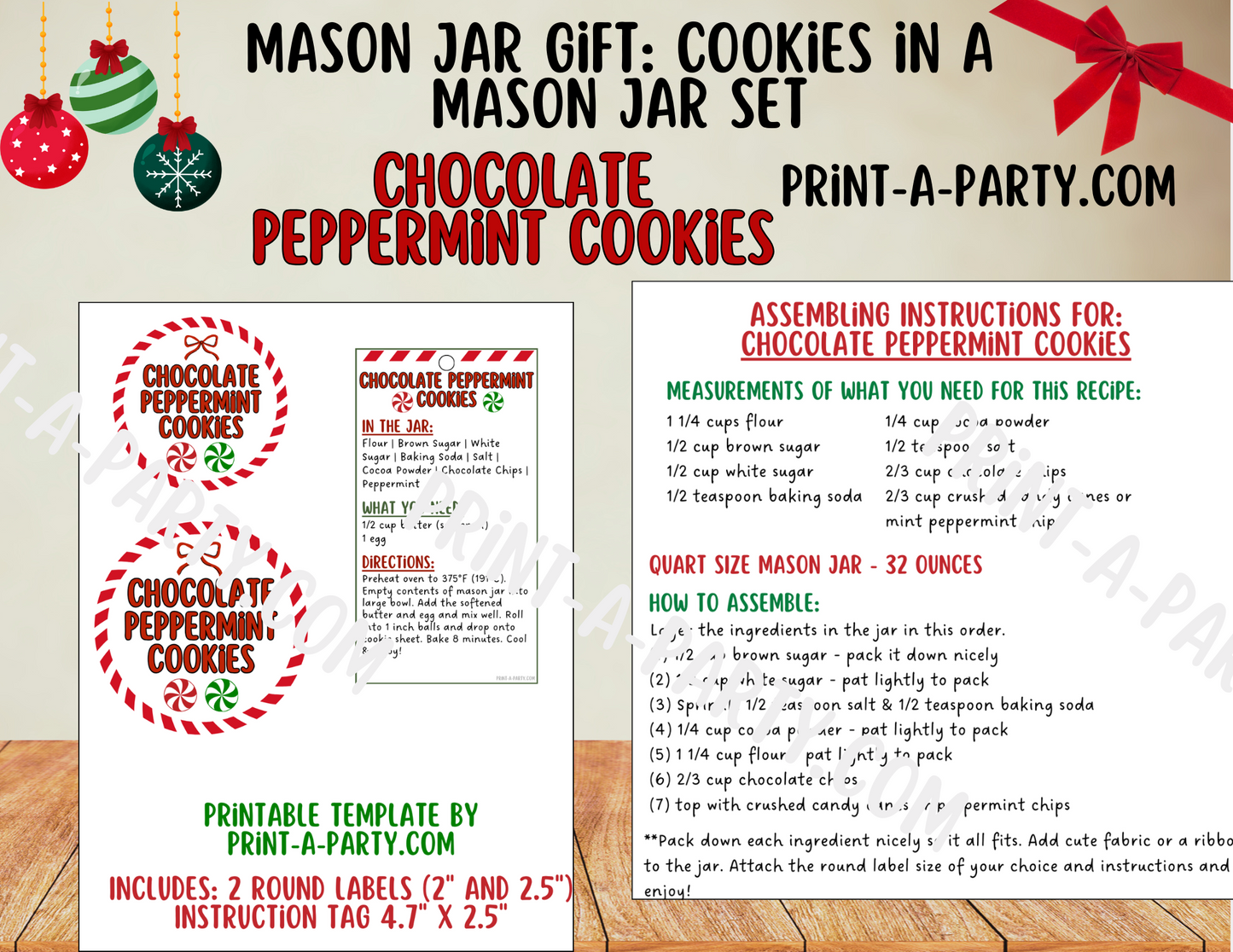 MASON JAR GIFT: Chocolate Peppermint Cookies in a Mason Jar - Printable Kit – DIY Holiday Gift for Teachers, Friends, Neighbors & More