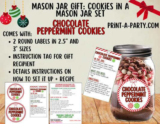 MASON JAR COOKIE GIFT: Chocolate Peppermint Cookies in a Mason Jar | Cookies in a jar gift | Mason Jar Gift Kit | Holiday Mason Jar Gift