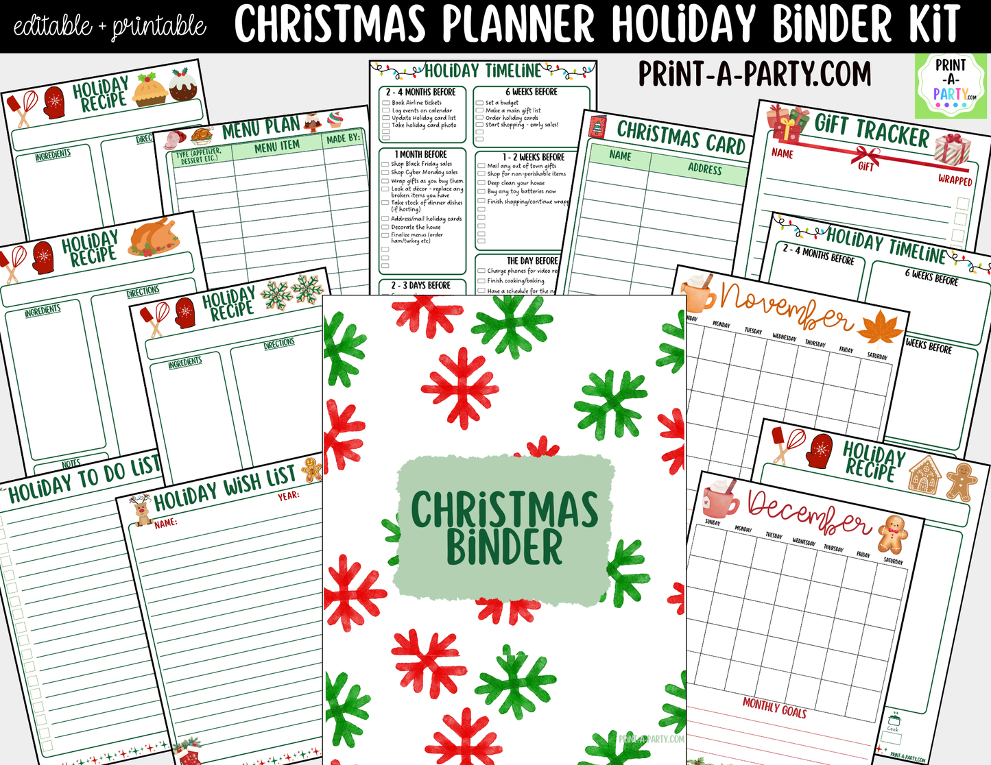 Christmas Planner Printable & Editable | Holiday Binder Kit with Calendars, Checklists & Gift Trackers