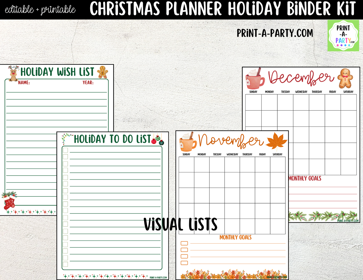 Christmas Planner Printable & Editable | Holiday Binder Kit with Calendars, Checklists & Gift Trackers