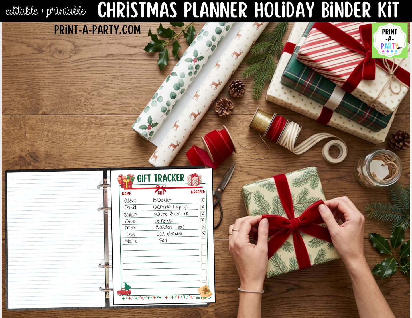 Christmas Planner Printable & Editable | Holiday Binder Kit with Calendars, Checklists & Gift Trackers
