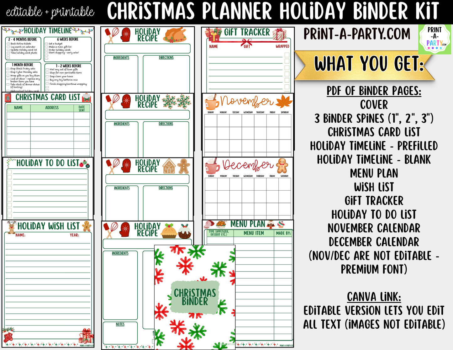 Christmas Planner Printable & Editable | Holiday Binder Kit with Calendars, Checklists & Gift Trackers