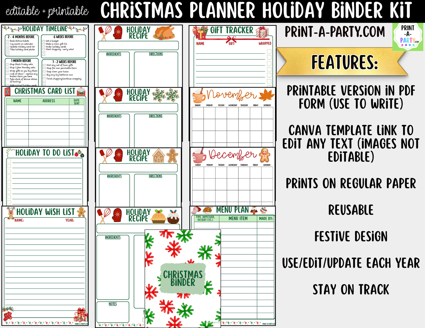 Christmas Planner Printable & Editable | Holiday Binder Kit with Calendars, Checklists & Gift Trackers