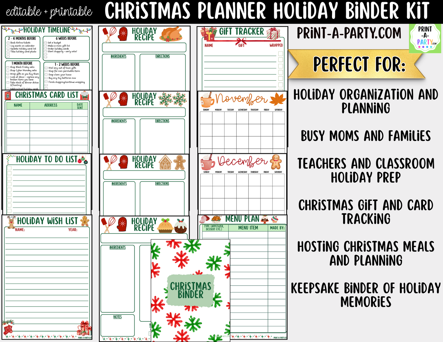 Christmas Planner Printable & Editable | Holiday Binder Kit with Calendars, Checklists & Gift Trackers