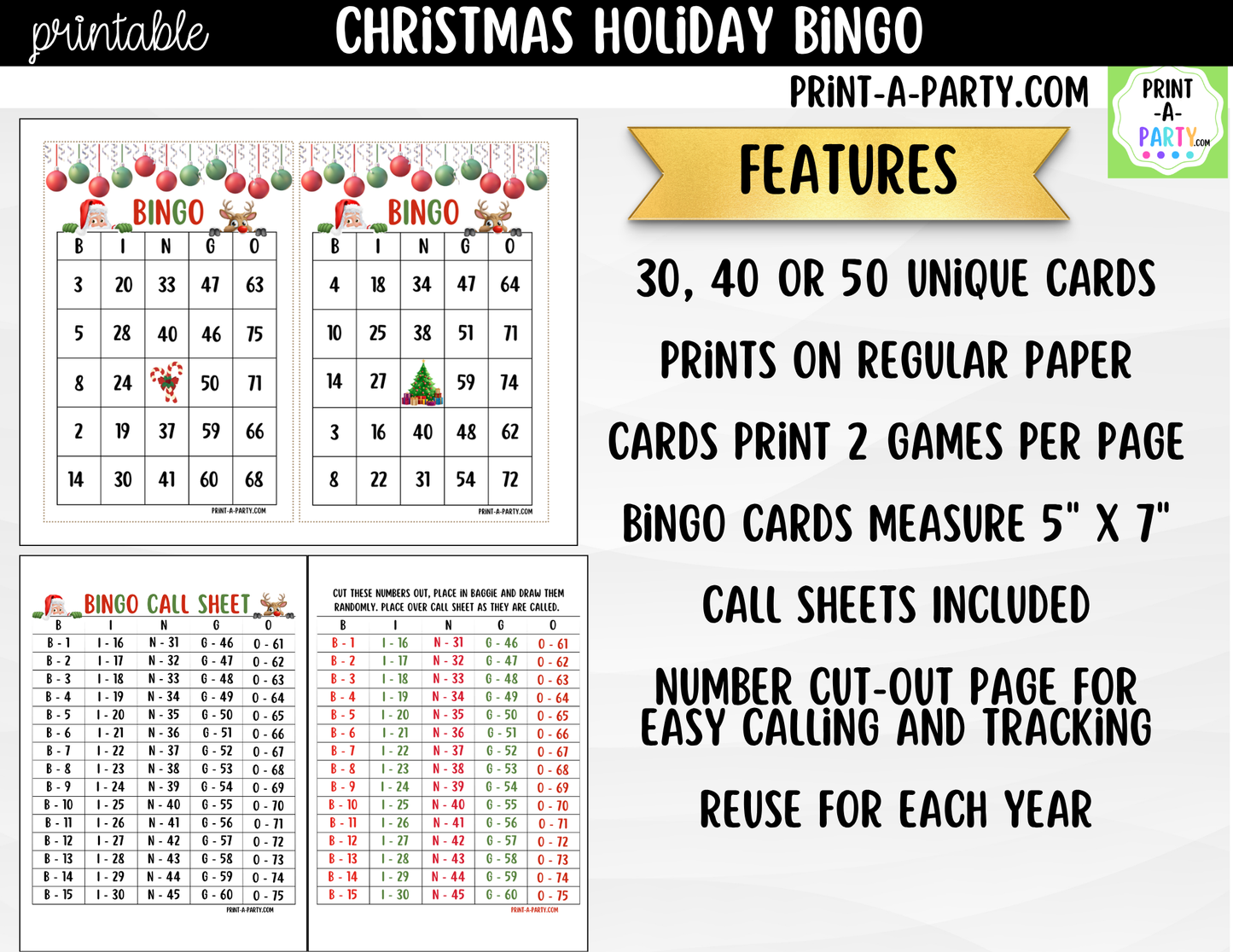 Christmas Bingo Game Printable | Holiday Party Game | Bingo Cards & Call Sheets