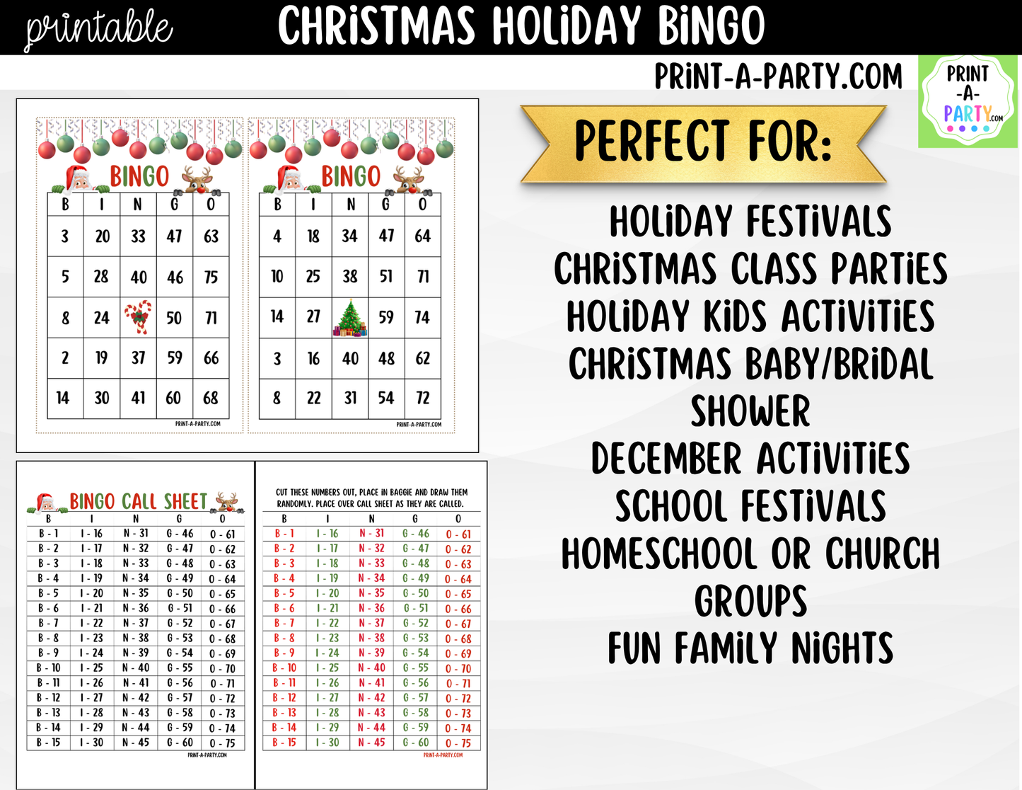 Christmas Bingo Game Printable | Holiday Party Game | Bingo Cards & Call Sheets
