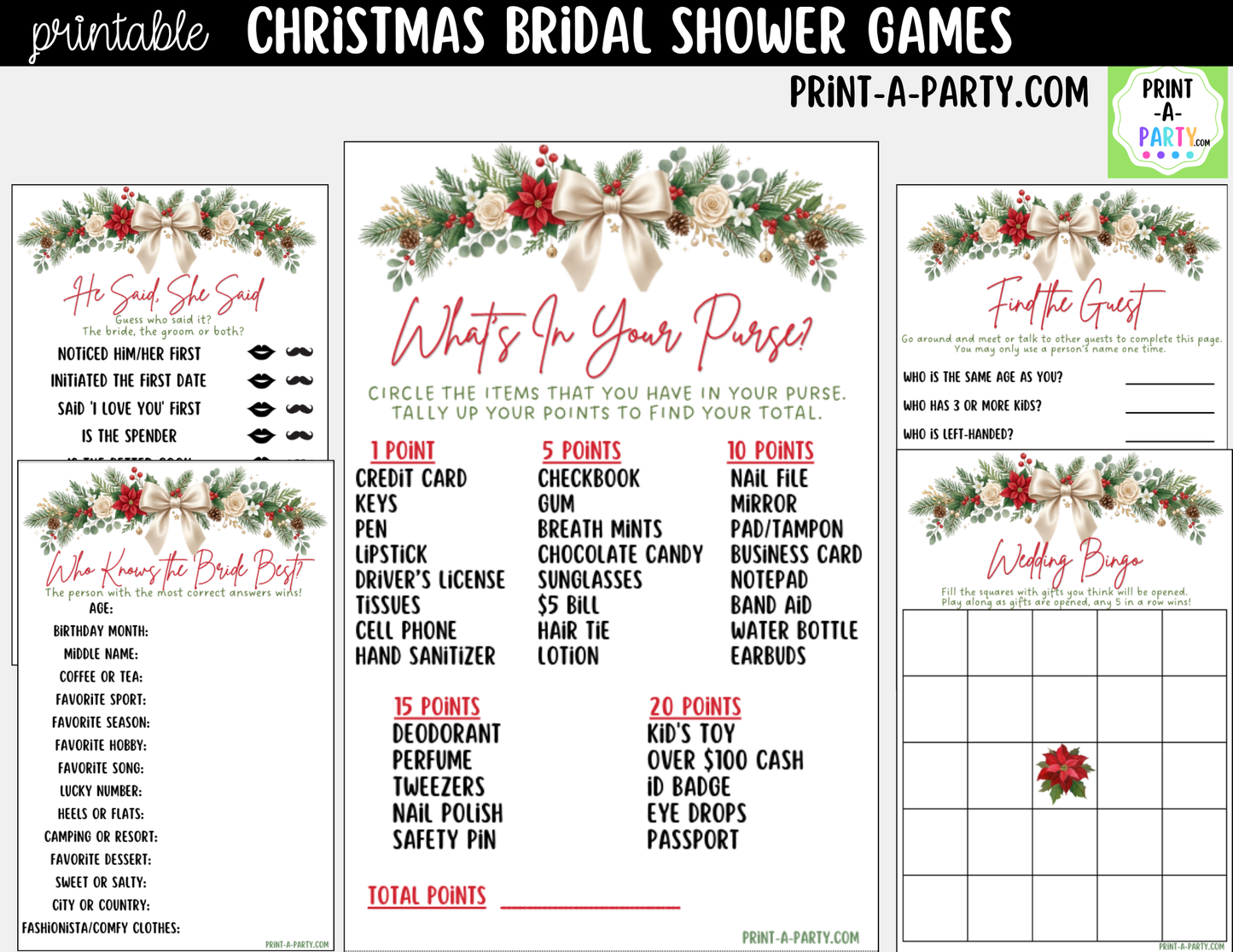 Christmas Bridal Shower Games Printable - Holiday Bridal Shower Game Bundle