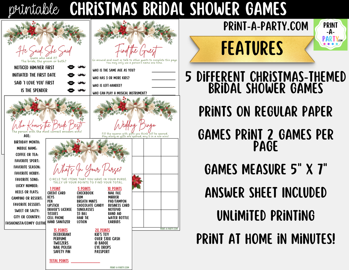 Christmas Bridal Shower Games Printable - Holiday Bridal Shower Game Bundle