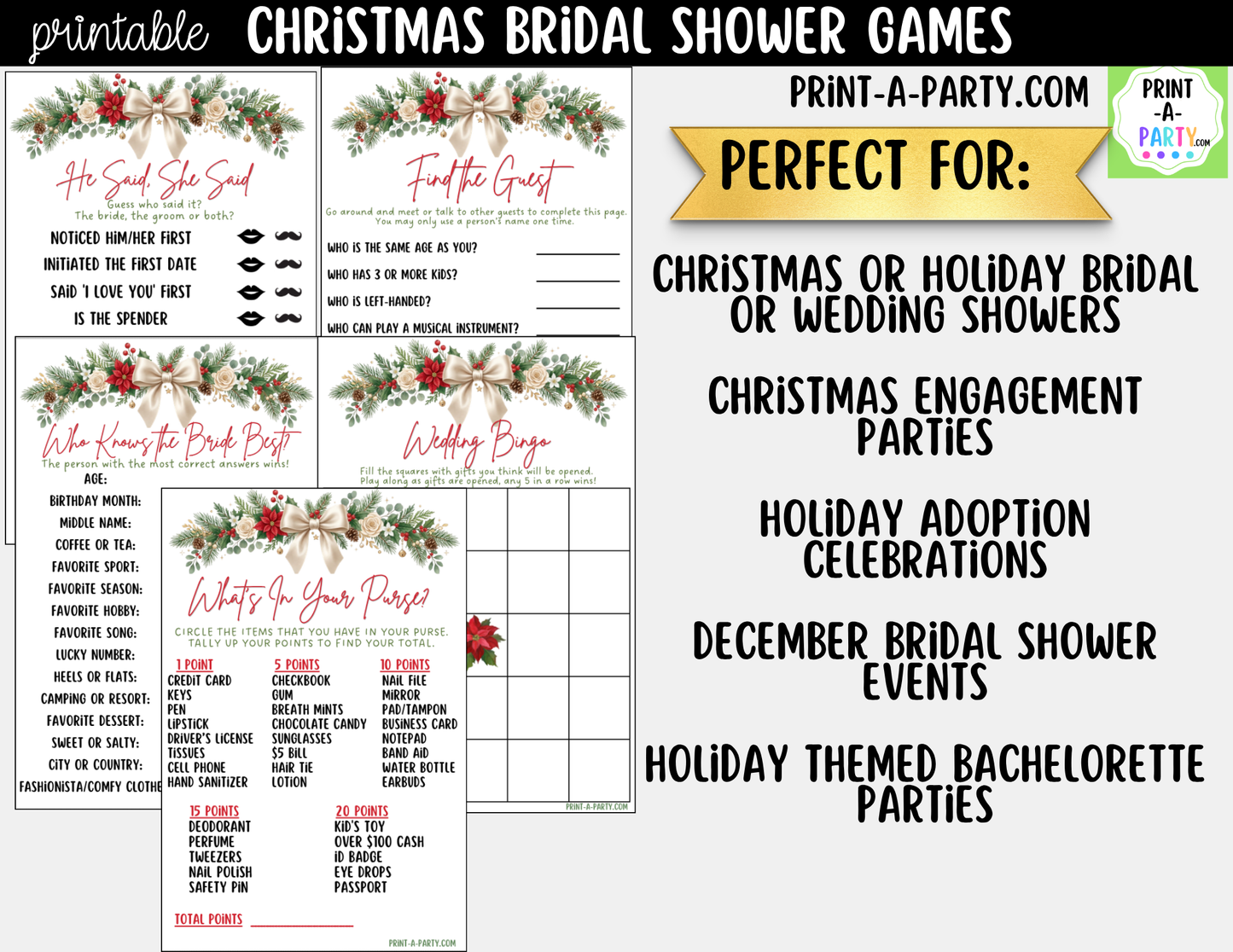 Christmas Bridal Shower Games Printable - Holiday Bridal Shower Game Bundle