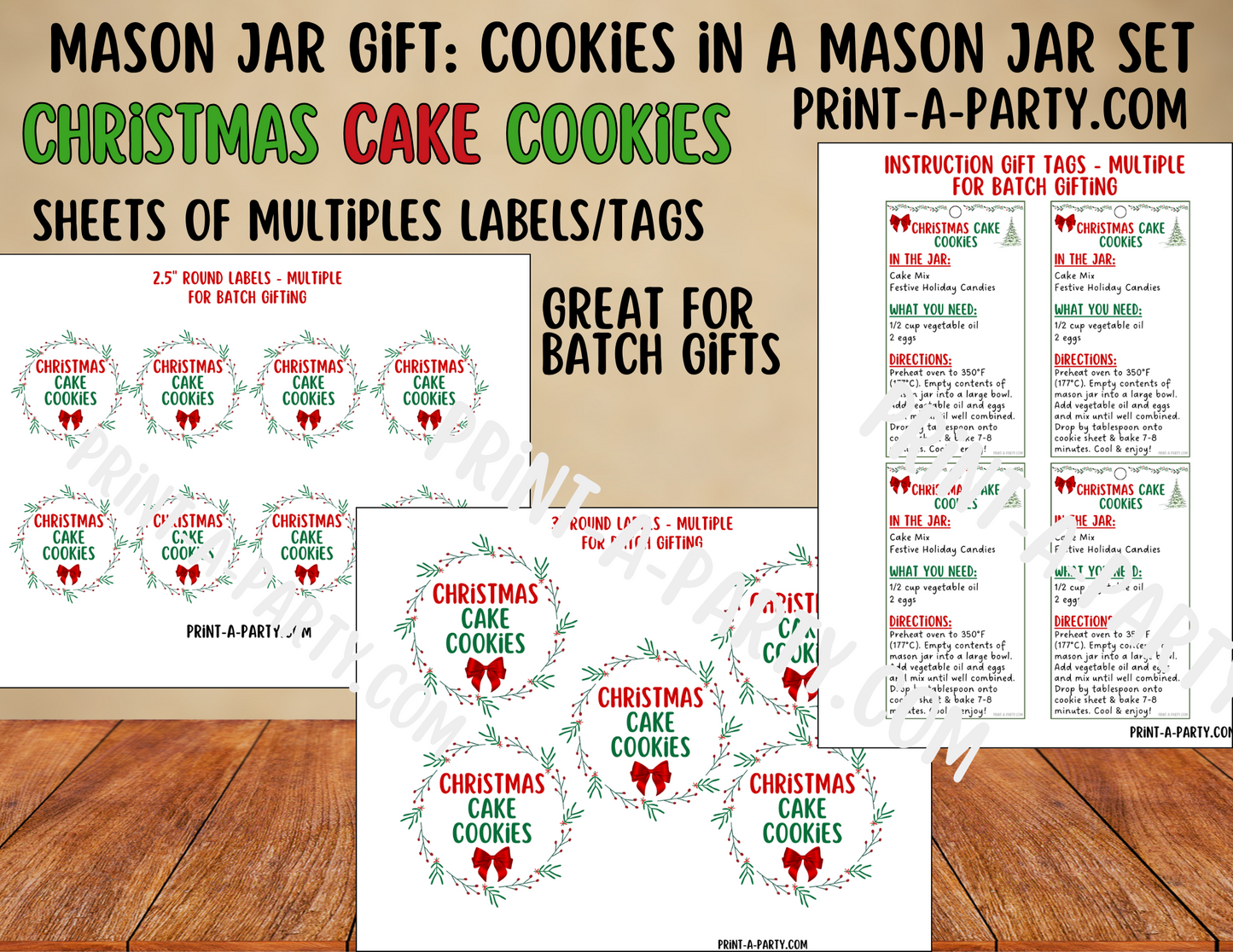 MASON JAR GIFT: Christmas Cake Cookies Mason Jar Printable Kit - Recipe Card, Tags & Labels