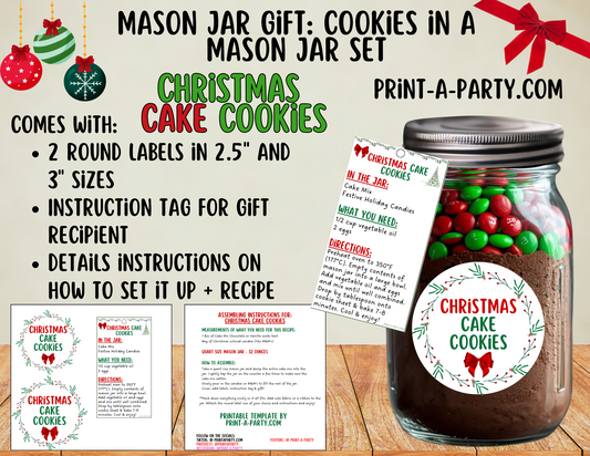 MASON JAR GIFT: Christmas Cake Cookies Mason Jar Printable Kit - Recipe Card, Tags & Labels