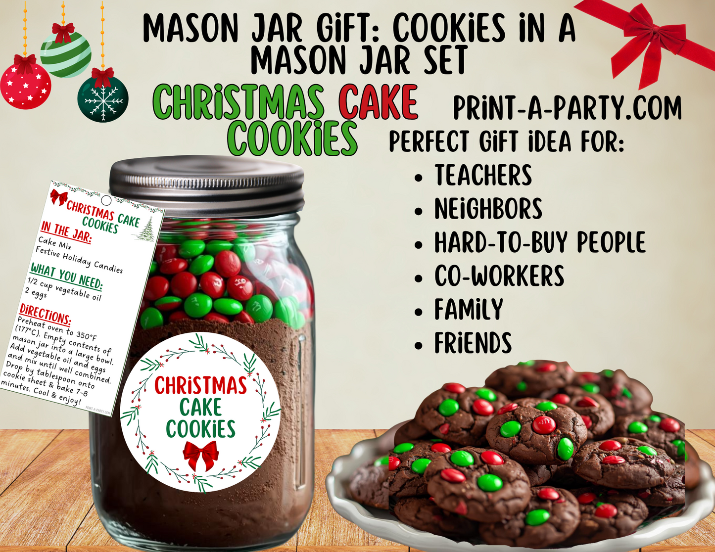 MASON JAR GIFT: Christmas Cake Cookies Mason Jar Printable Kit - Recipe Card, Tags & Labels
