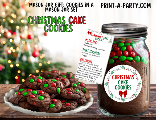 MASON JAR GIFT: Christmas Cake Cookies Mason Jar Printable Kit - Recipe Card, Tags & Labels
