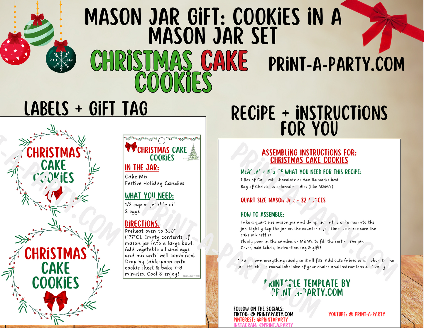 MASON JAR GIFT: Christmas Cake Cookies Mason Jar Printable Kit - Recipe Card, Tags & Labels