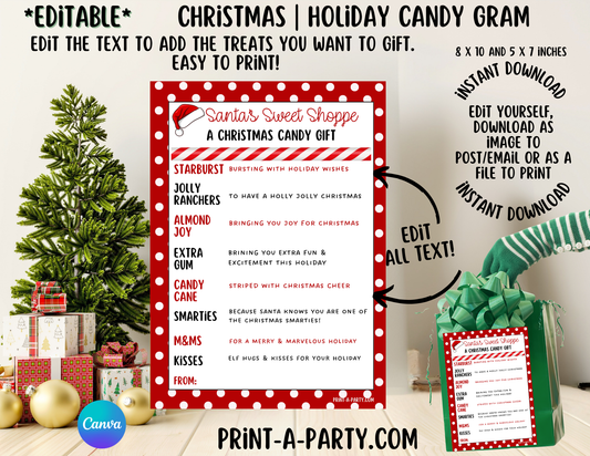 GIFT IDEA: Christmas Candy Gram EDITABLE Template for printing - Ideal DIY Holiday Gift for Classrooms, Neighbors, Teachers, Coworkers, Friends