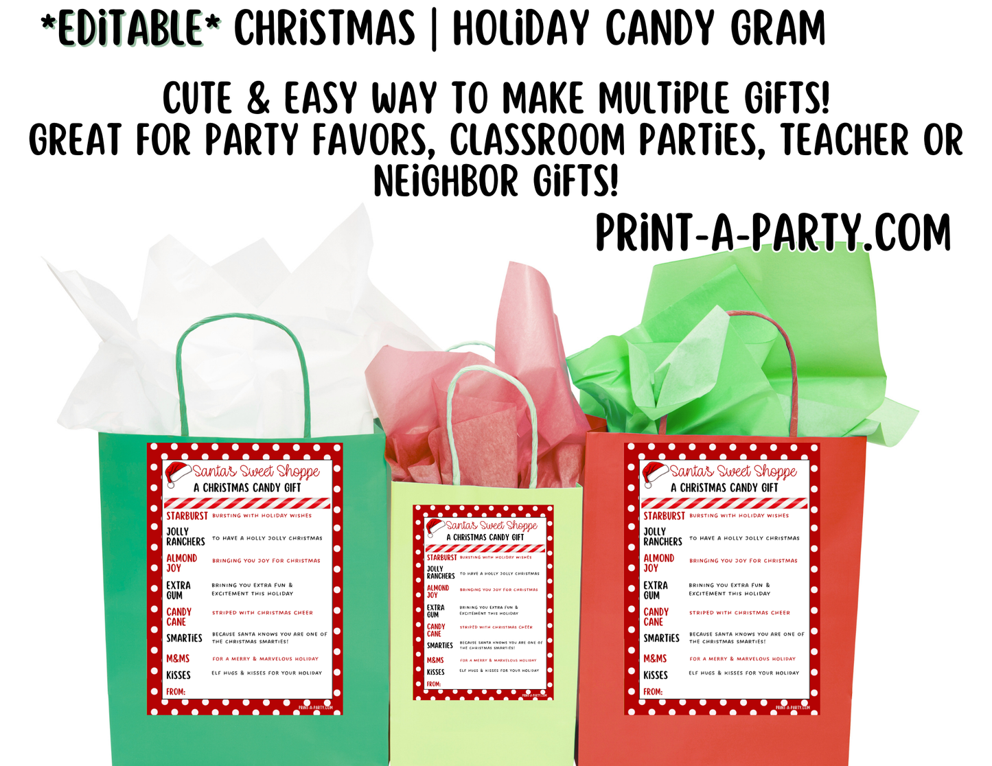 GIFT IDEA: Christmas Candy Gram EDITABLE Template for printing - Ideal DIY Holiday Gift for Classrooms, Neighbors, Teachers, Coworkers, Friends